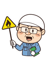 【可燃性物質】工場や現場で働く男性作業員が警告標識を持つイラスト｜不安全行動・不安全状態・労働災害