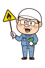 【可燃性物質】工場や現場で働く男性作業員が警告標識を持つイラスト｜不安全行動・不安全状態・労働災害