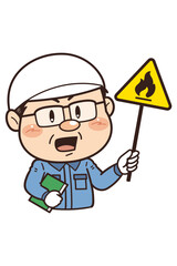 【可燃性物質】工場や現場で働く男性作業員が警告標識を持つイラスト｜不安全行動・不安全状態・労働災害