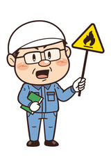 【可燃性物質】工場や現場で働く男性作業員が警告標識を持つイラスト｜不安全行動・不安全状態・労働災害