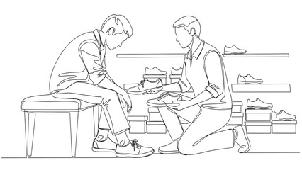 Shoe Store Line Art — Customer Trying on Shoes with Salesperson Assisting, Minimalist Vector Illustration