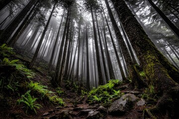 Misty forest path, towering trees