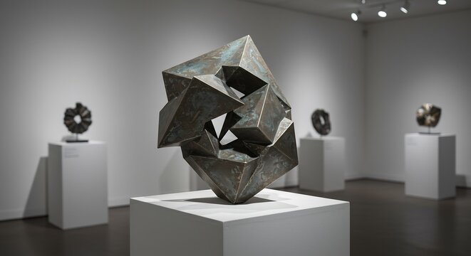 Art gallery display Geometric bronze sculpture on white pedestal with three smaller sculptures in background - Powered by Adobe