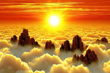 Sunrise over a sea of clouds, rocky peaks piercing the golden mist