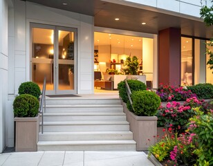Obraz premium storefront entrance highlighting a gently stairs access with blurred background