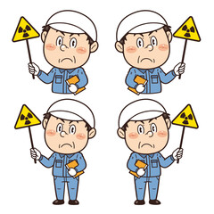 【放射線注意】工場や現場で働く男性作業員が警告標識を持つイラスト｜不安全行動・不安全状態・労働災害