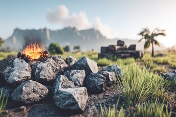 A fire burns amongst rocks in a tropical landscape