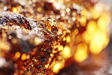 Close-up of a golden, mineral-rich rock, bokeh effect
