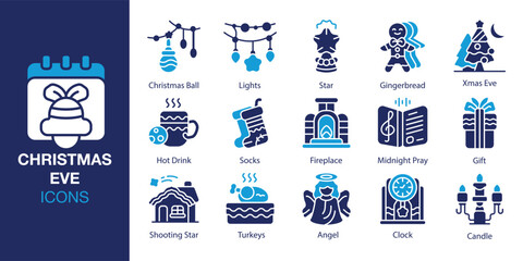 Christmas Eve icon set. Containing candlelight, family, dinner, feast, church and more. Solid vector icons collection. Vector illustration.