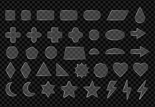 Transparent glass UI elements and frames set: rounded geometric shapes, arrows, hearts, stars, and lightning bolts on a dark background.