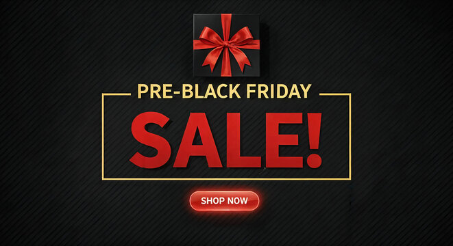 Preblack friday sale big discount offer with gift box and shop now button on black textured background