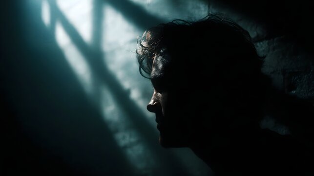 A lone silhouette in profile bathed in dramatic shafts of light conveys a mood of introspection and confinement