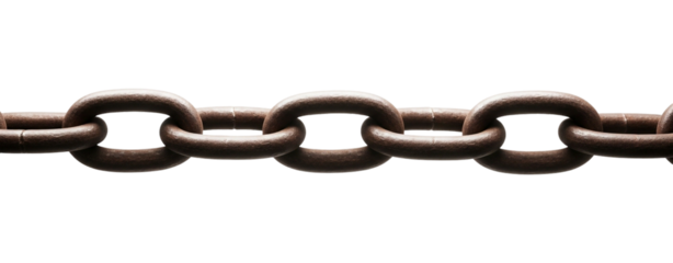 Close-up of a rusty chain isolated on a transparent background, showcasing the texture and detail of aged metal links