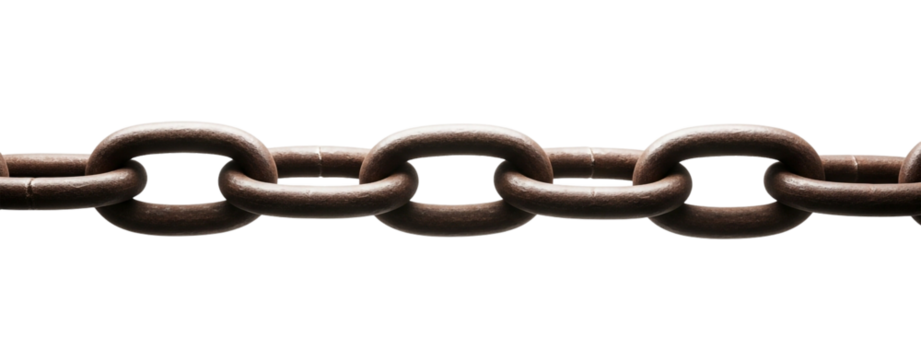 Close-up of a rusty chain isolated on a transparent background, showcasing the texture and detail of aged metal links