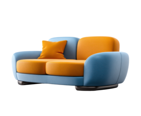 Modern two seater sofa with orange cushion and textured blue upholstery isolated on transparent background. PNG die-cut for advertising