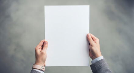 Two hands in a business suit holding a vertical blank white sheet of paper or document against a gray background