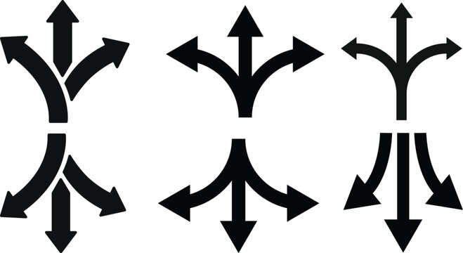 Way direction arrow sign icon set. three arrow, way sign, road direction icon vector. three-way direction arrow sign.Way pointer symbol. Turn arrow navigation sign. Traffic route vector illustration.