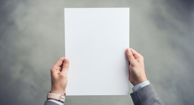 Two hands in a business suit holding a vertical blank white sheet of paper or document against a gray background