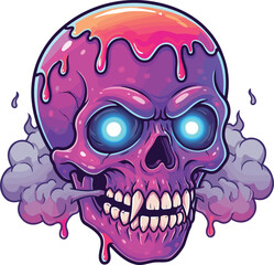 Melting Neon Skull with Glowing Blue Eyes, Smoke, and Surreal Colors in Fantasy Horror Vector Illustration Design