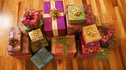Fototapeta premium delivery. Neatly arranged gift boxes from an overhead view, bathed in warm ambient lighting. lifestyle magazines, social media lookbooks, designed for influencer and brand collaborations.