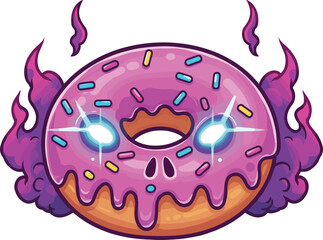 Mystical Donut with Pink Frosting, Glowing Blue Eyes, Skull Center, and Purple Flames in Fantasy Vector Illustration