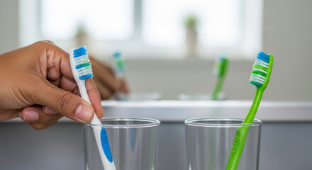 Hand placing a blue and white toothbrush into a glass next to a green toothbrush in a bright bathroom