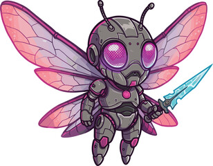 Cybernetic insect warrior with glowing purple eyes, translucent wings, and high-tech sword in futuristic vector illustration style