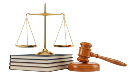Scales of justice, gavel, and law books, symbols of legal system, isolated on transparent background