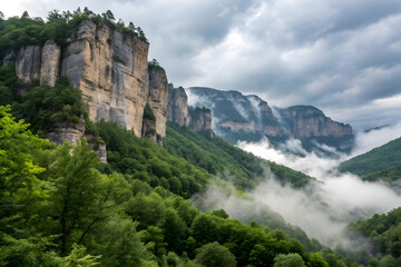 Naklejka premium Towering Sandstone Cliffs Emerging from Misty Green Forested Mountains rock formations