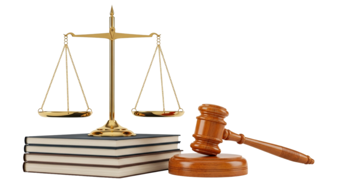 Scales of justice, gavel, and law books, symbols of legal system, isolated on transparent background