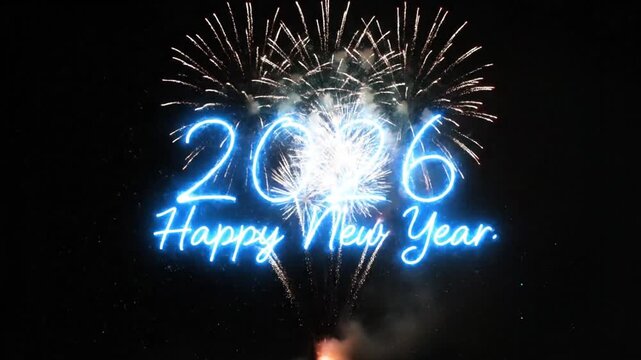 Happy New Year 2026 Celebration with Spectacular Fireworks and Glowing Text