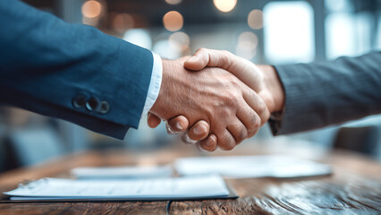 オフィスでの商談成立を示すビジネスマン同士の握手