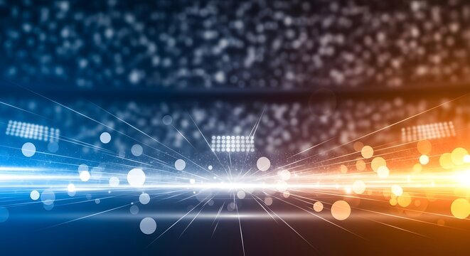 Dynamic abstract sports arena background with glowing blue and orange spotlights and energetic light effects