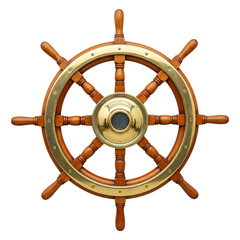 Classic wooden ship steering wheel with brass ring isolated on transparent background, nautical equipment for sailing