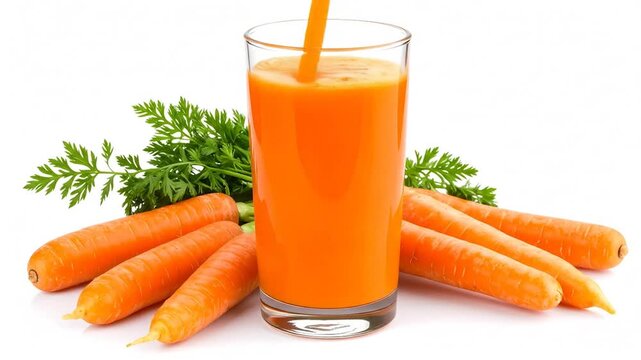 Fresh carrot juice pouring into a glass, surrounded by fresh carrots and leaves