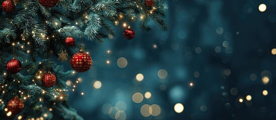Christmas tree branches with red ornaments and golden lights against a teal-blue bokeh background