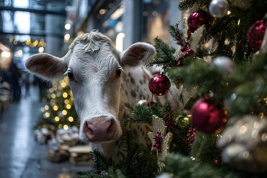 Neugierige Kuh neben geschm&uuml;cktem Weihnachtsbaum auf festlichem Markt
