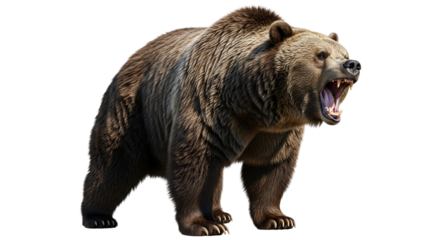A large brown bear roars fiercely, isolated on transparent background, showing its teeth in a display of aggression