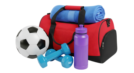 Gym accessories isolated on transparent background for fitness and workout, including bag, towel, bottle, dumbbells and soccer ball