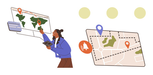 Woman analyzing map with location pins on a giant digital screen. Nearby, an enlarged map displays details. Ideal for navigation, technology, travel, GPS, urban planning mapping exploration. Simple