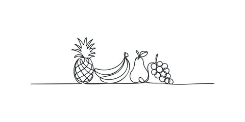 Line drawing of assorted fruits on a plain background