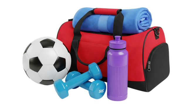 Gym accessories isolated on transparent background for fitness and workout, including bag, towel, bottle, dumbbells and soccer ball