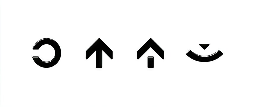Four simple black vector graphic icons, featuring a circle, three arrows, and a downward pointing arrow