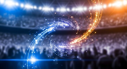 Dynamic swirling light trails in a vibrant stadium setting, symbolizing intense competition and the convergence of powerful forces in a thrilling sports event atmosphere