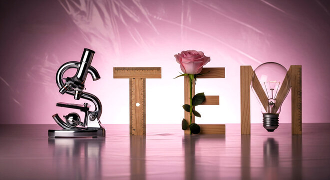 STEM concept with microscope, flower, and light bulb on pink background  