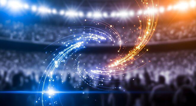 Dynamic swirling light trails in a vibrant stadium setting, symbolizing intense competition and the convergence of powerful forces in a thrilling sports event atmosphere