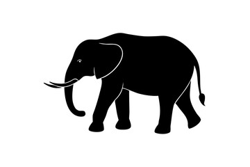A majestic african elephant depicted in a clean minimalist black silhouette with subtle white line details standing against a pure white background representing wildlife and nature