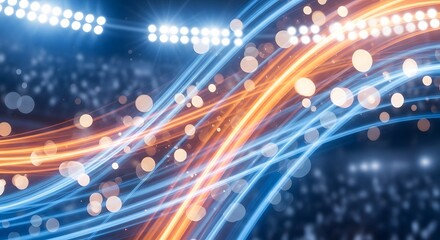 Vibrant blue and orange light trails creating a dynamic abstract background in front of a blurred sports stadium with bright spotlights