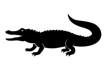 Fototapeta premium A black silhouette of a fearsome alligator with its mouth open showing sharp teeth and its long tail curved upwards on a white background silhouette