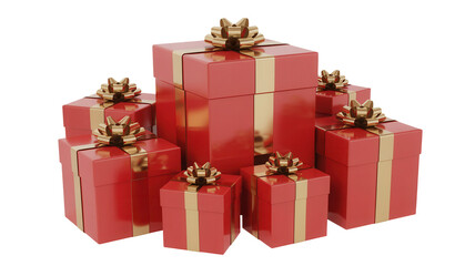 Obraz premium A festive pile of bright red gift boxes adorned with golden ribbons and bows isolated on transparent background